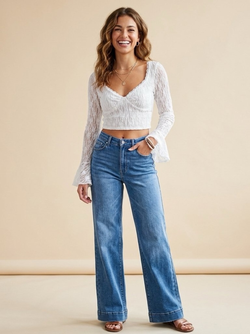 SALTY White Lace Long Sleeve Bell Sleeve Crop Top ✨NWOT Size S